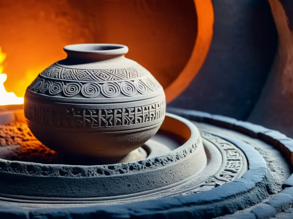 Horno de alfarería asiática antigua: tradición en barro y fuego Hornos antiguos de Asia: Detalle de un antiguo horno de alfarería con intrincados diseños y texturas en tonos cálidos iluminados por el fuego