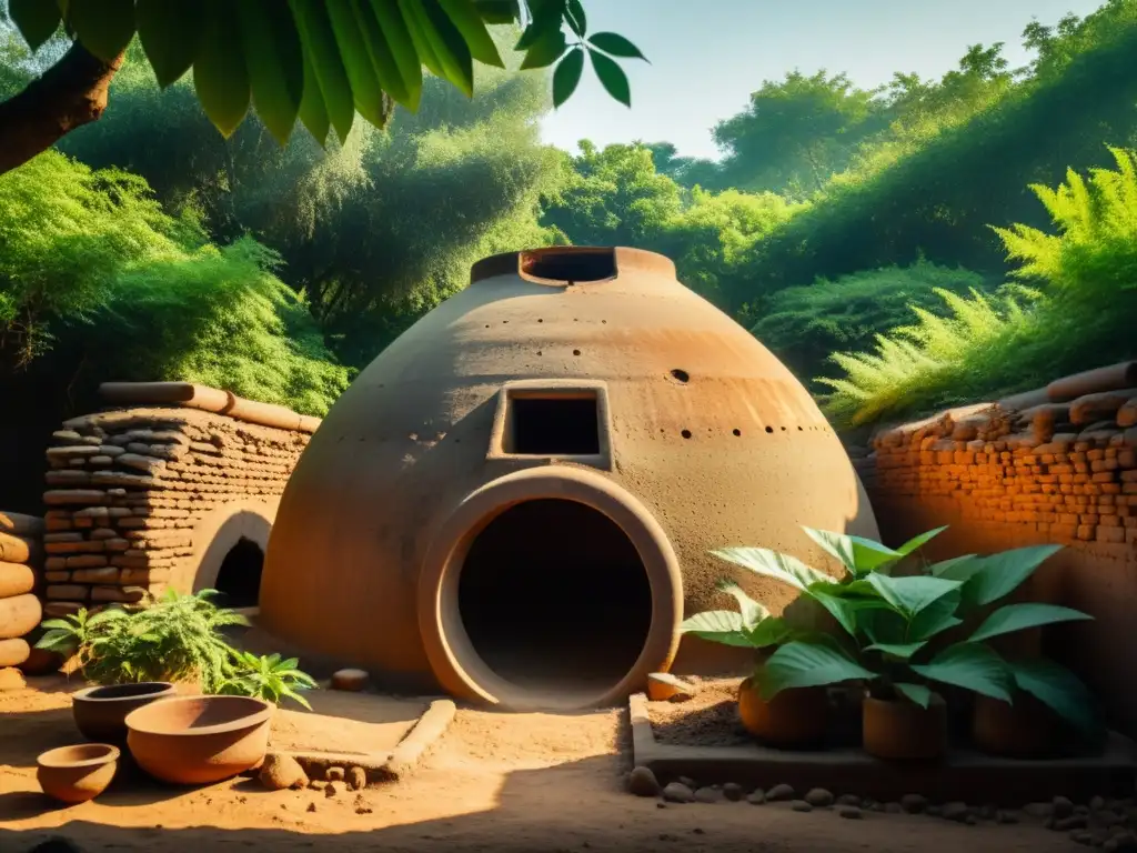 Antiguo horno de arcilla asiático: belleza y misterio Hornos antiguos de Asia rodeados de vegetación exuberante, bañados por la cálida luz del sol