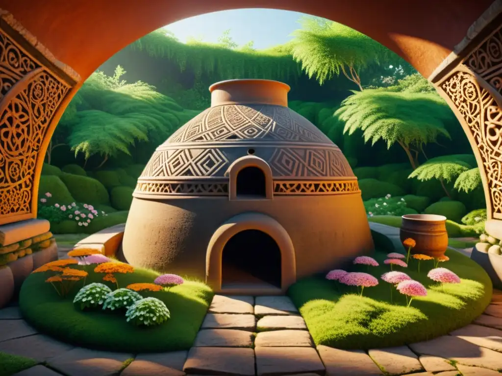 Antiguo horno asiático: detalle en 8k de su historia y artesanía Hornos antiguos de Asia rodeados de vegetación exuberante, con diseños intrincados y signos de historia, bañados por la cálida luz del sol