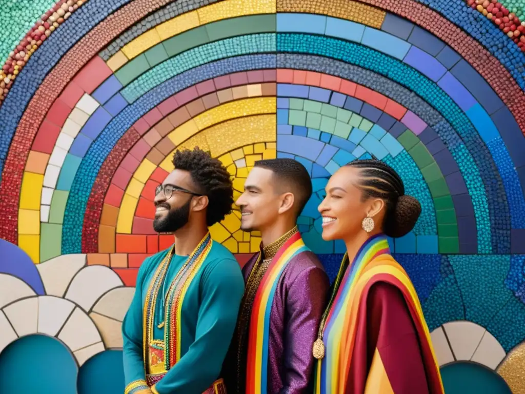 Iconografía de movimientos LGBTQ+ representada en un impresionante mosaico de diversidad, unidad y empoderamiento