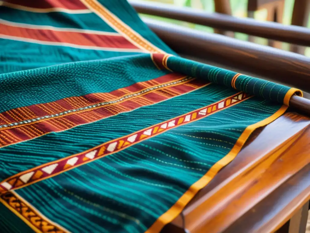 Iconografía de tejidos Congo significado: Detalle de textil tradicional con patrones geométricos y colores vibrantes en telar de madera rústico