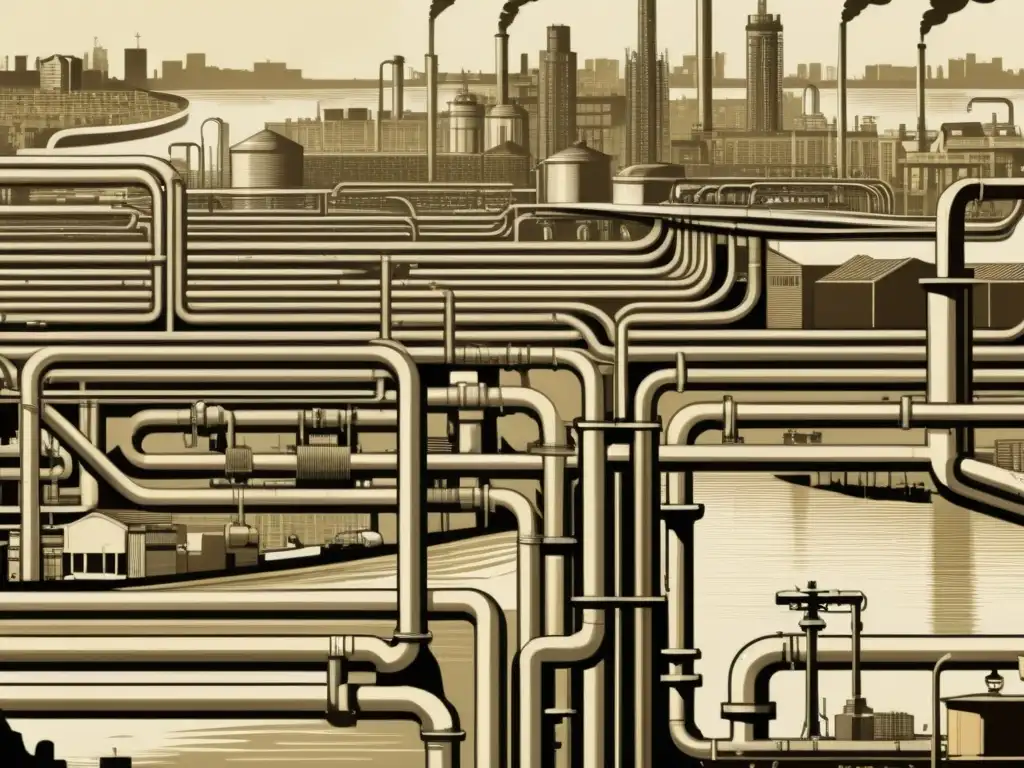 Una ilustración vintage de un bullicioso centro urbano con intrincados patrones de distribución y consumo de agua, integrados con la ciudad