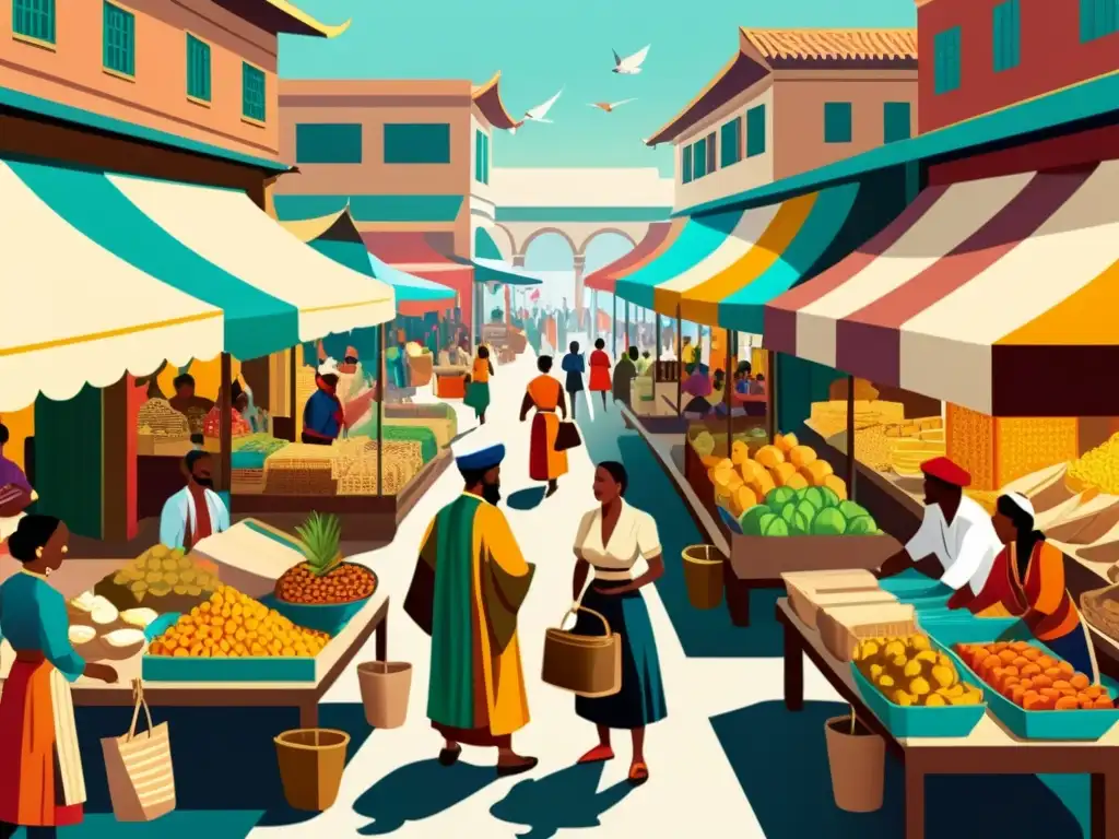 Una ilustración vintage de un bullicioso mercado en un entorno culturalmente rico, con colores vibrantes y detalles intrincados que muestran diversos patrones culturales en la vestimenta, arquitectura y bienes intercambiados