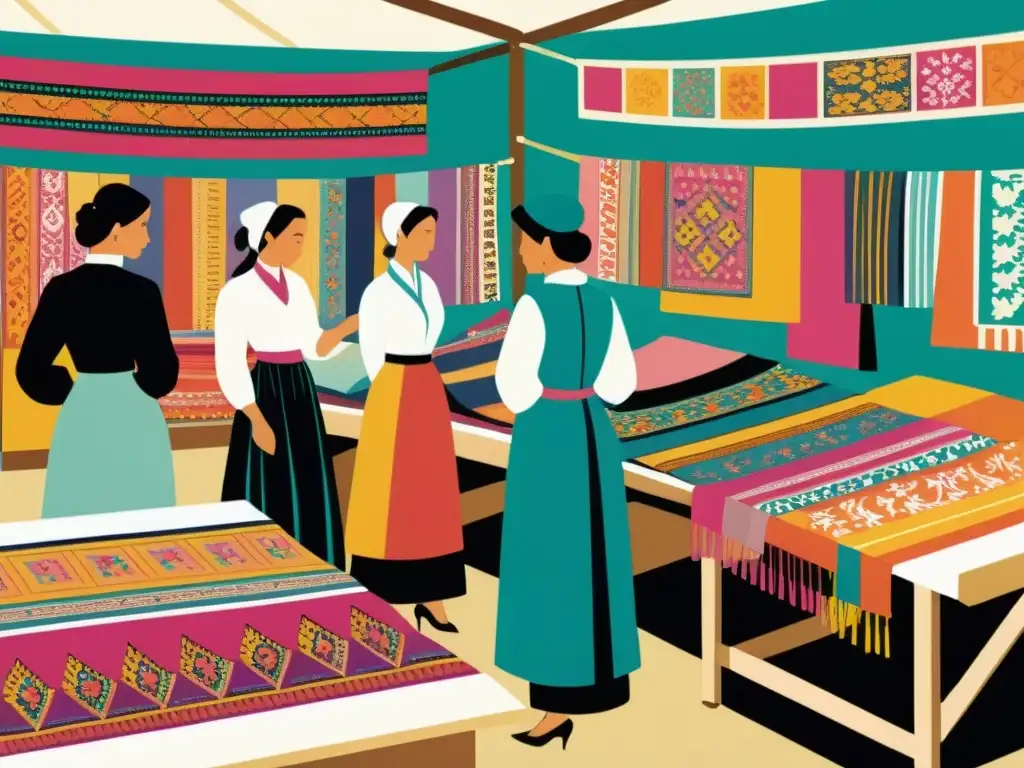 Una ilustración vintage de un bullicioso mercado textil, con telas intrincadamente diseñadas y personas elegantes inspeccionando los textiles