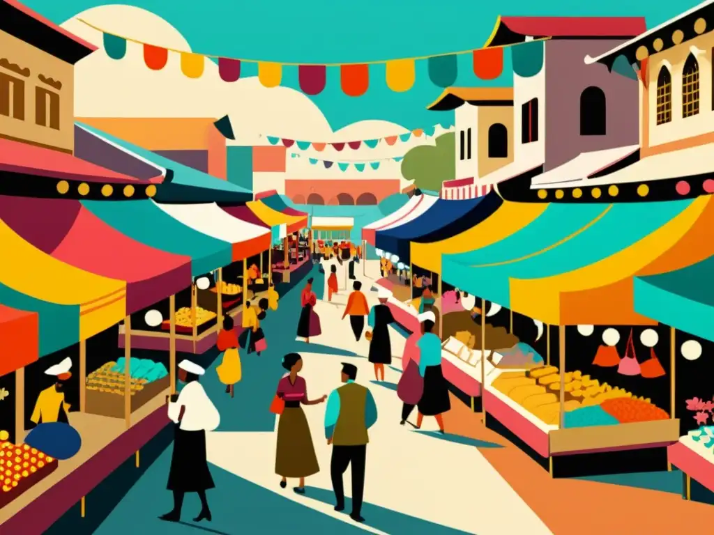 Una ilustración vintage de un bullicioso mercado en un vibrante entorno cultural, con textiles tradicionales coloridos