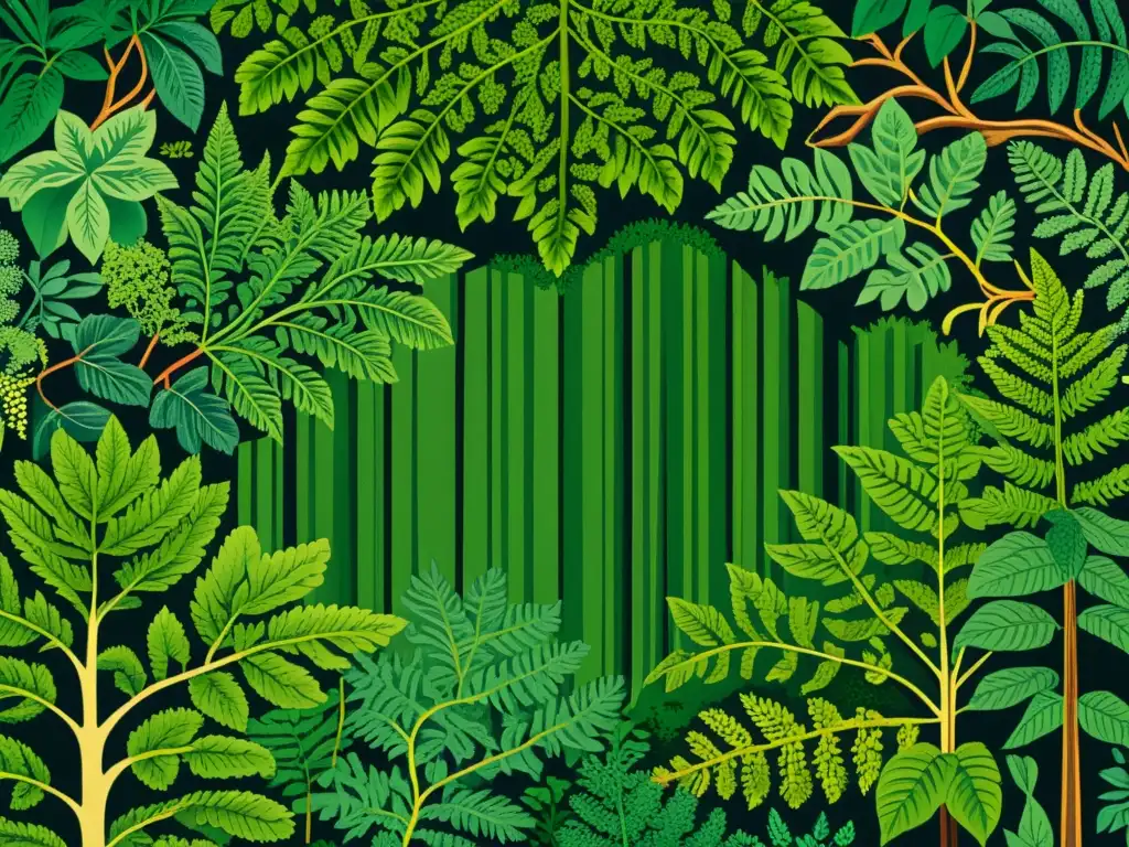 Una ilustración vintage de un denso bosque con intrincados patrones de plantas, follaje vibrante y luz solar filtrada