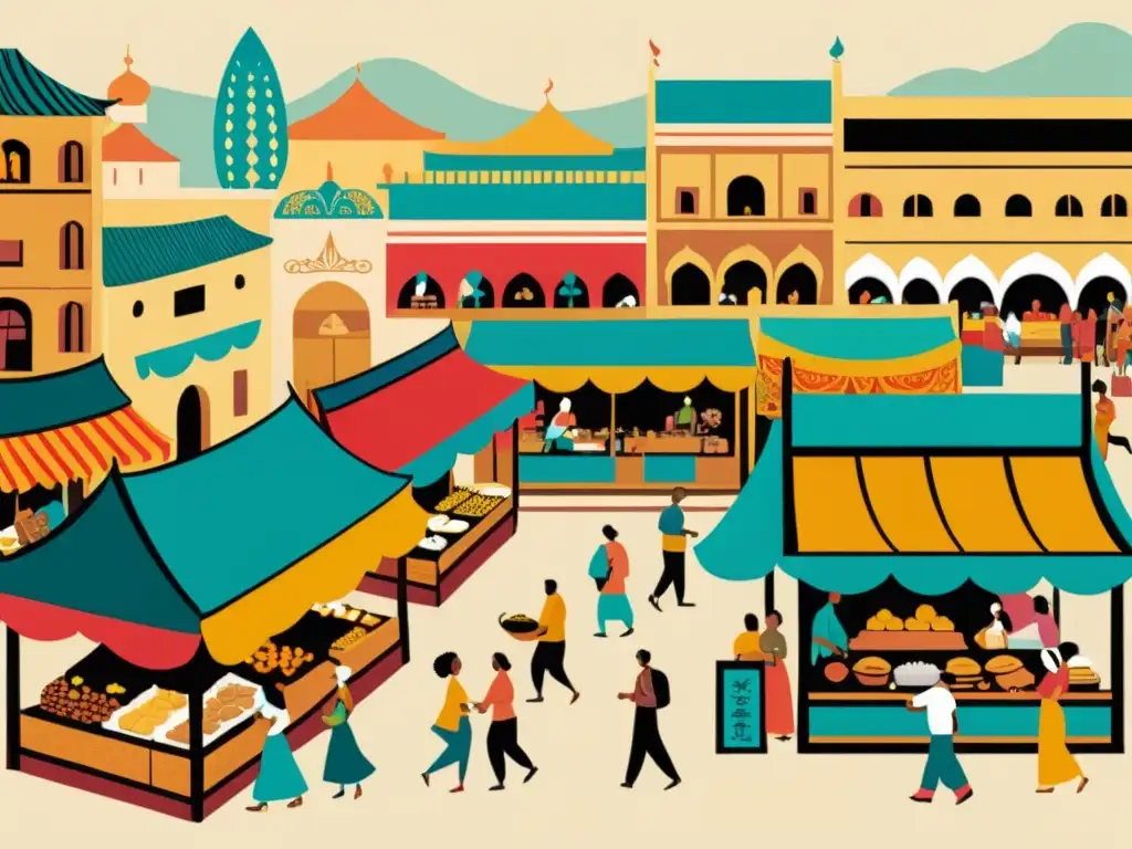 Una ilustración vintage y detallada de un bullicioso mercado, con gente diversa, arquitectura tradicional y colores vibrantes