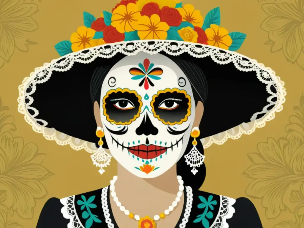 Una ilustración detallada de La Catrina en el Día de Muertos, con atuendo tradicional y una atmósfera elegante y festiva