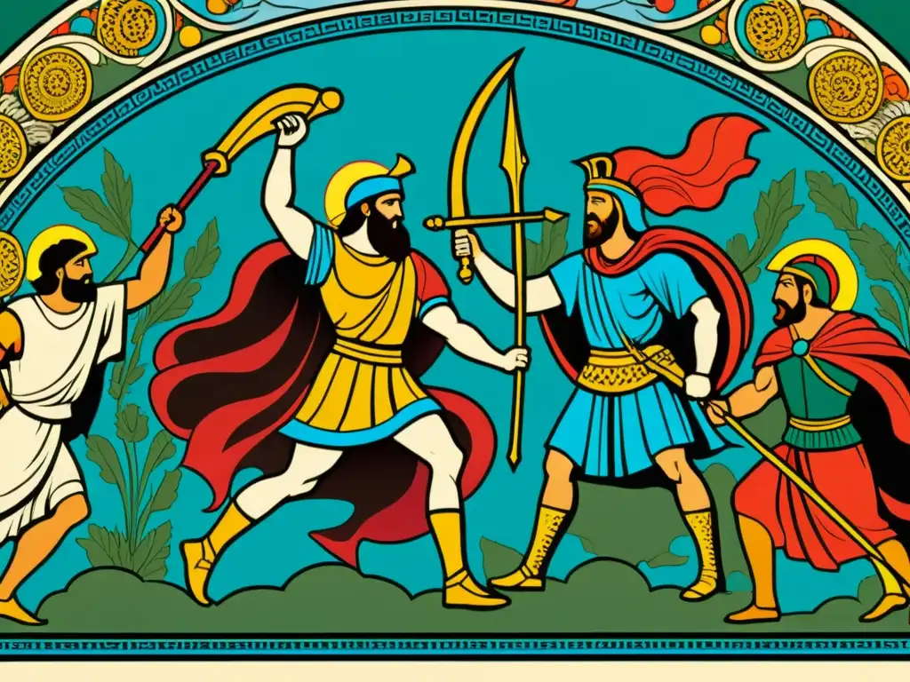 Una ilustración detallada de escena heroica con personajes mitológicos en una feroz batalla