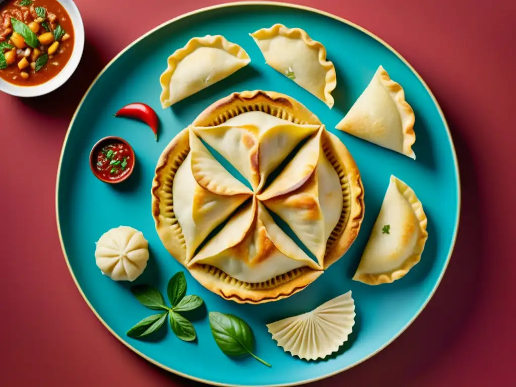 Una ilustración detallada de patrones artísticos en dumplings y empanadillas, representando la diversidad cultural y la celebración culinaria