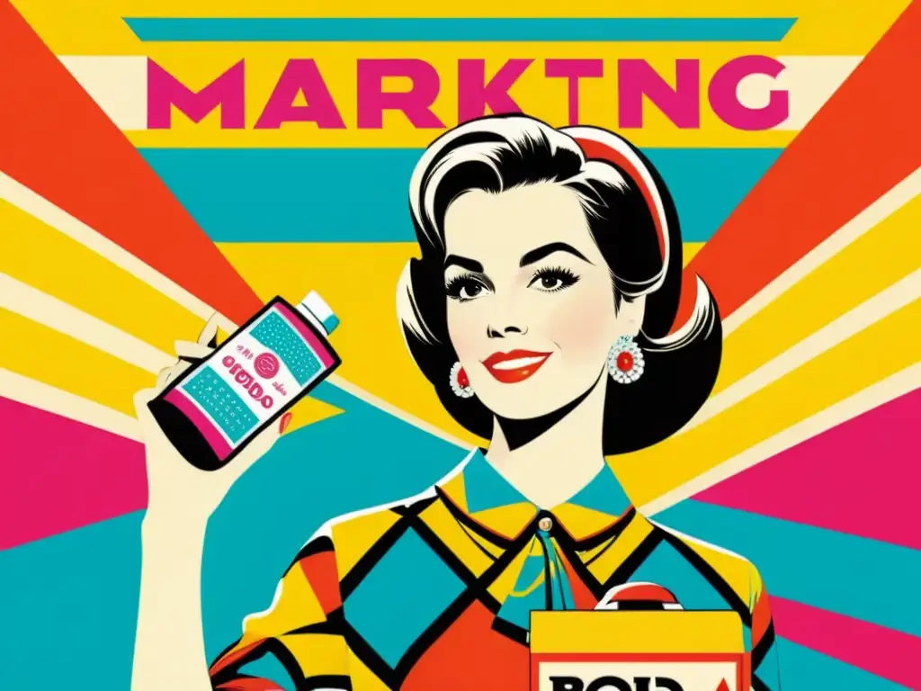 Cartel vintage de marketing con mujer elegante y producto llamativo Una ilustración detallada de un póster de campaña de marketing de los años 60 con patrones y tipografía retro