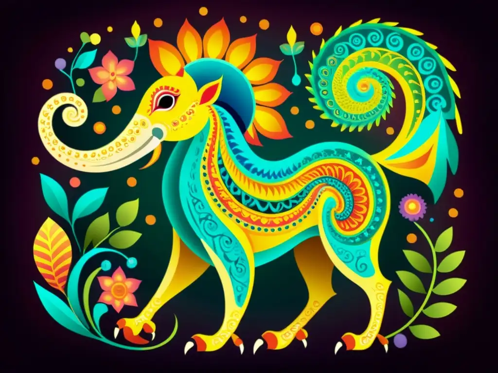 Ilustración detallada de alebrijes en un mundo mágico Una ilustración detallada y vibrante de criaturas fantásticas alebrijes en poses dinámicas, en un ambiente onírico y misterioso