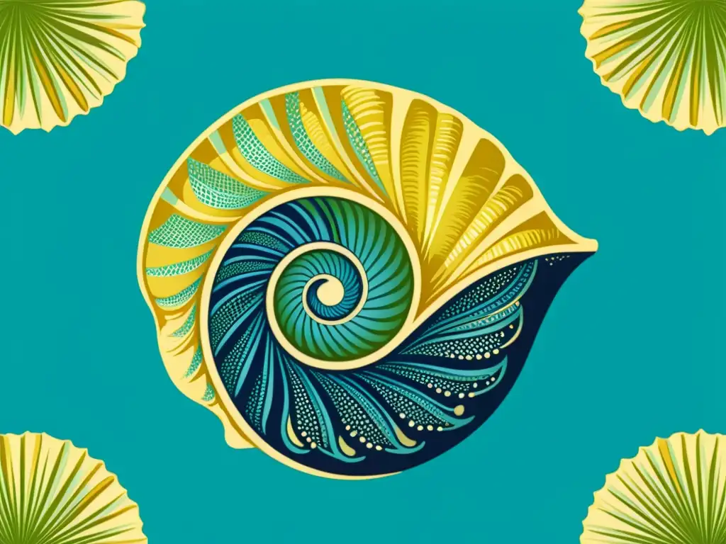 Concha vintage detallada: belleza marina en azul, verde y oro Una ilustración detallada y vintage de una concha marina, con patrones intrincados en tonos de azul, verde y oro