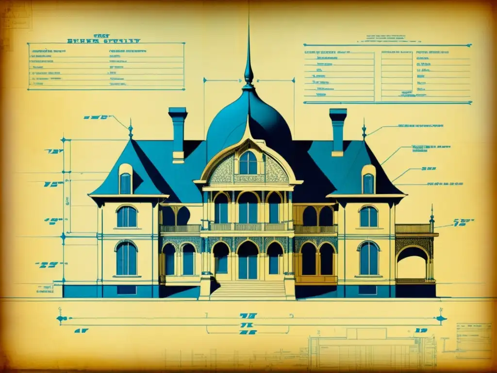 Una ilustración vintage de un detallado plano arquitectónico en papel amarillento