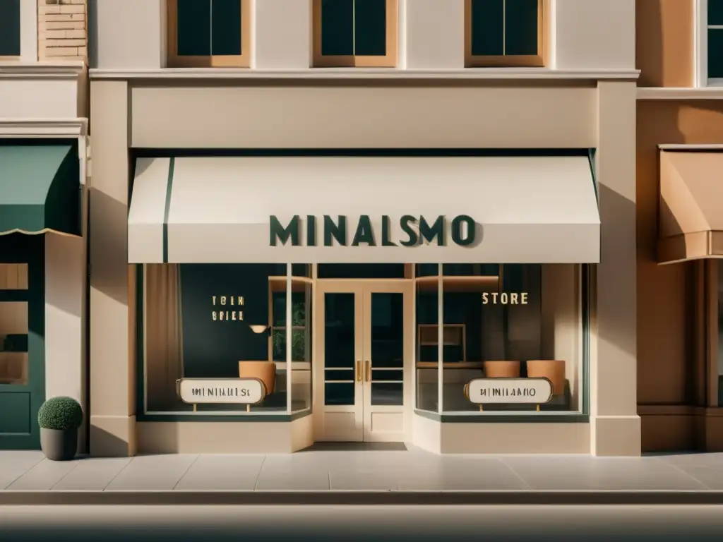 Una ilustración vintage de un elegante escaparate minimalista con líneas limpias y formas geométricas, con el letrero 'Minimalismo' en estilo retro