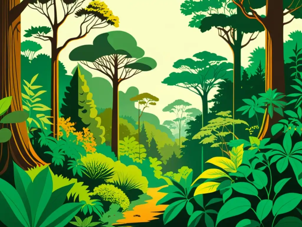 Una ilustración vintage de un exuberante bosque con una amplia variedad de especies vegetales y vida silvestre vibrante