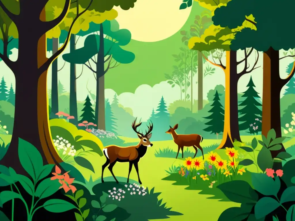 Una ilustración vintage de un exuberante bosque con flora, fauna y patrones ecológicos en estrategia de branding