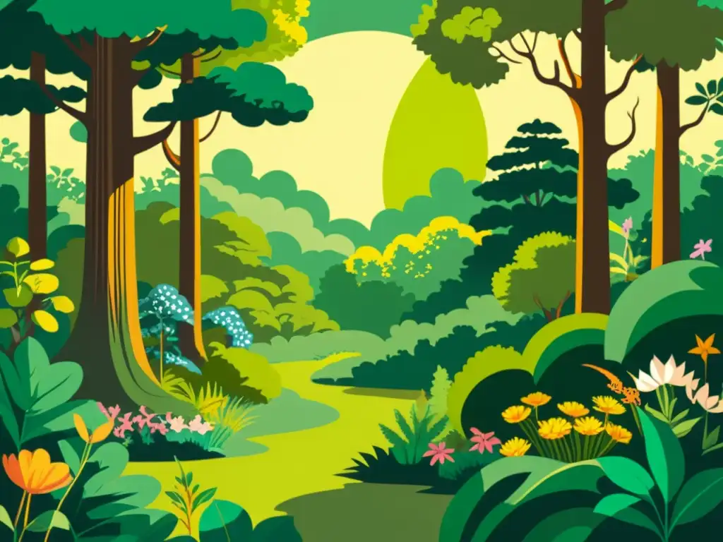 Una ilustración vintage de un exuberante bosque verde con diversa flora y fauna