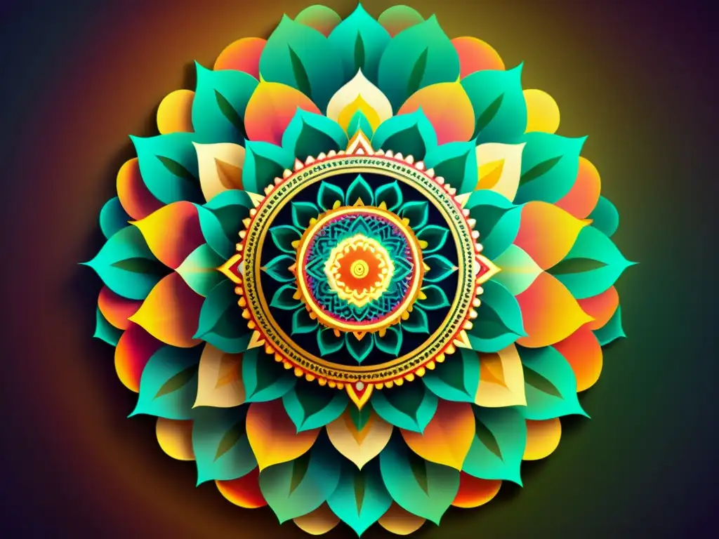 Una ilustración vintage de un hipnótico mandala en movimiento con patrones geométricos e intensos colores que evocan energía dinámica y significado espiritual, rodeado por un aura de luz sutil que crea un efecto visual cautivador y místico, simbolizando la fusión de art