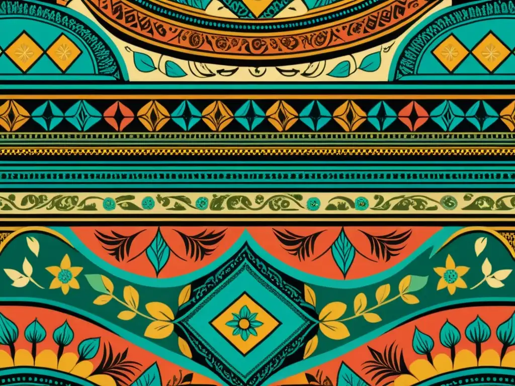 Una ilustración vintage de un intrincado patrón textil artístico, con colores vibrantes y detalles finos que evocan la artesanía atemporal