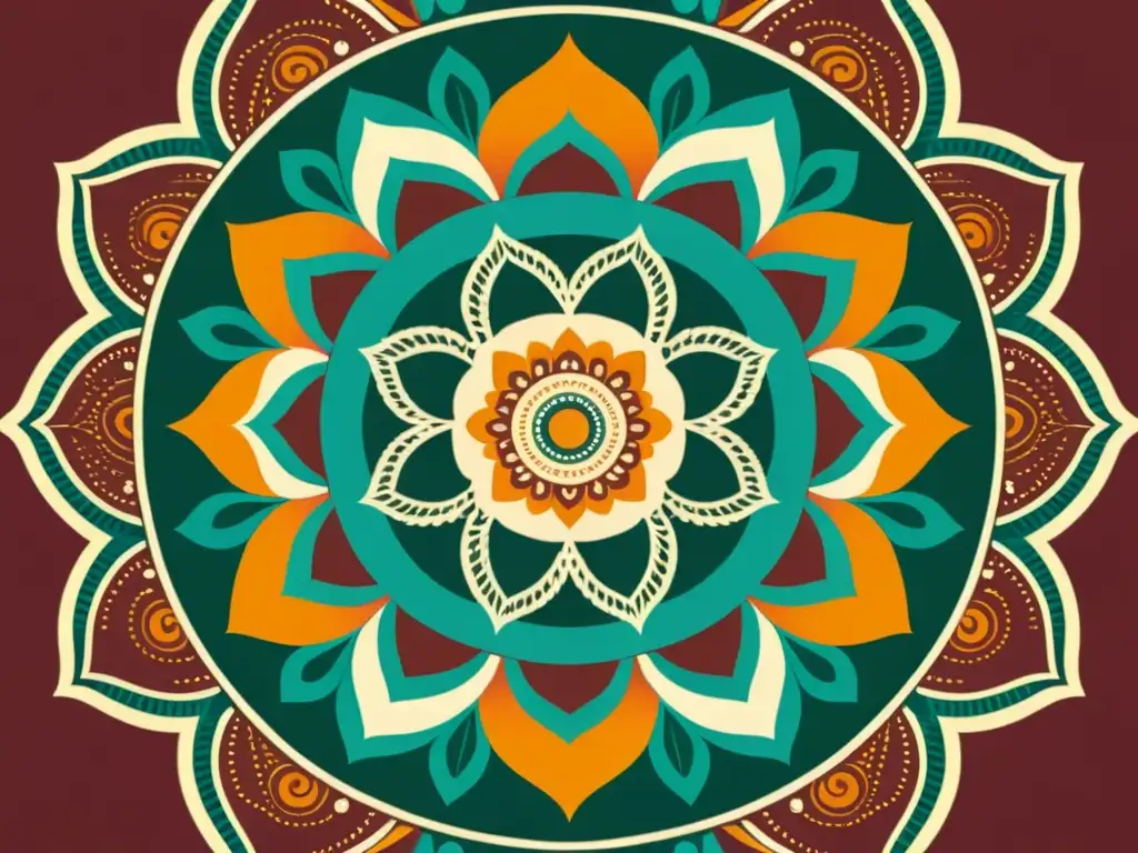 Una ilustración vintage de un intrincado mandala en vibrantes colores terrosos, evocando elegancia atemporal y sofisticación artística