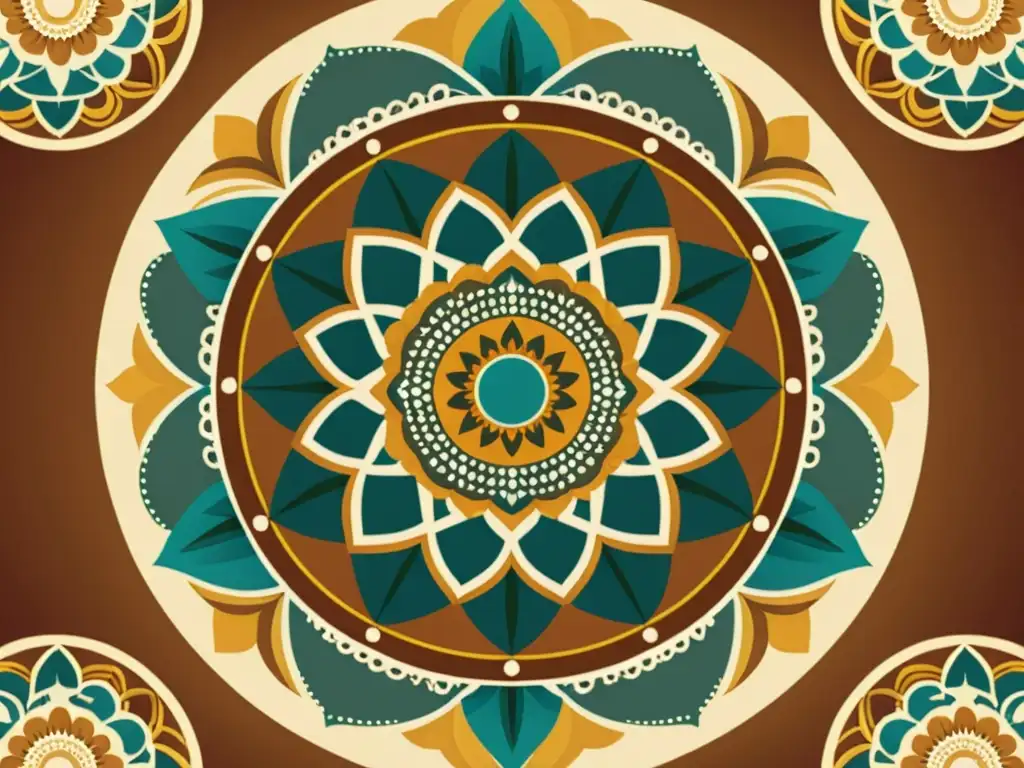 Una ilustración vintage de un mandala detallado con patrones geométricos y motivos florales en tonos terrosos