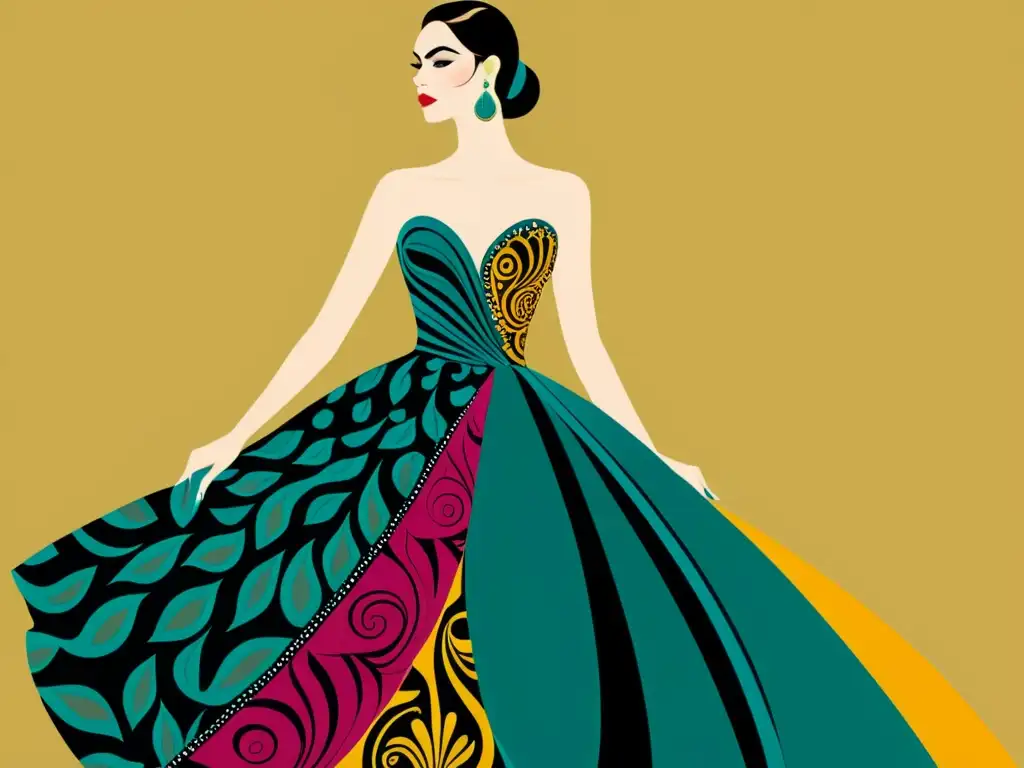 Una ilustración de moda de lujo inspirada en el vintage con patrones artísticos y una elegante atmósfera de innovación y creatividad