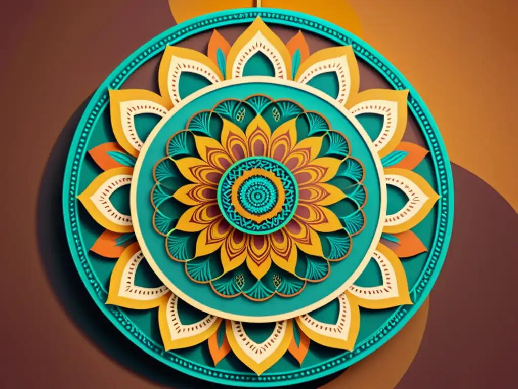 Una ilustración vintage de un mandala móvil suspendido en el aire con patrones geométricos detallados y colores vibrantes