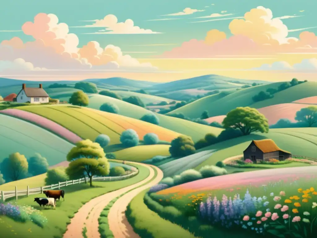 Una ilustración vintage de un paisaje rural con colinas, una casa de campo y un camino bordeado de flores silvestres