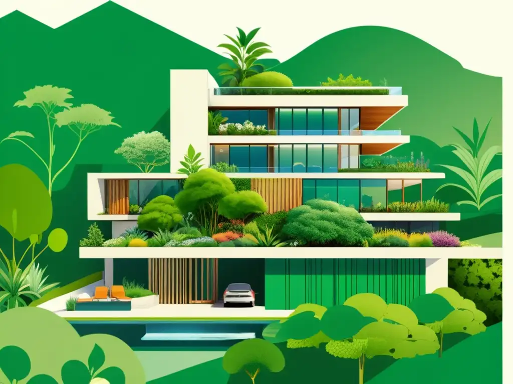 Una ilustración vintage de un plano arquitectónico exuberante y verde que promueve la biodiversidad a través de patrones arquitectónicos