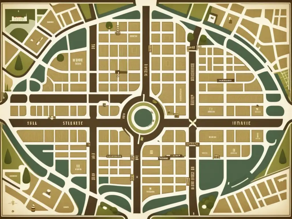 Una ilustración vintage de un plano urbano con intrincados patrones geométricos, destacando la organización social