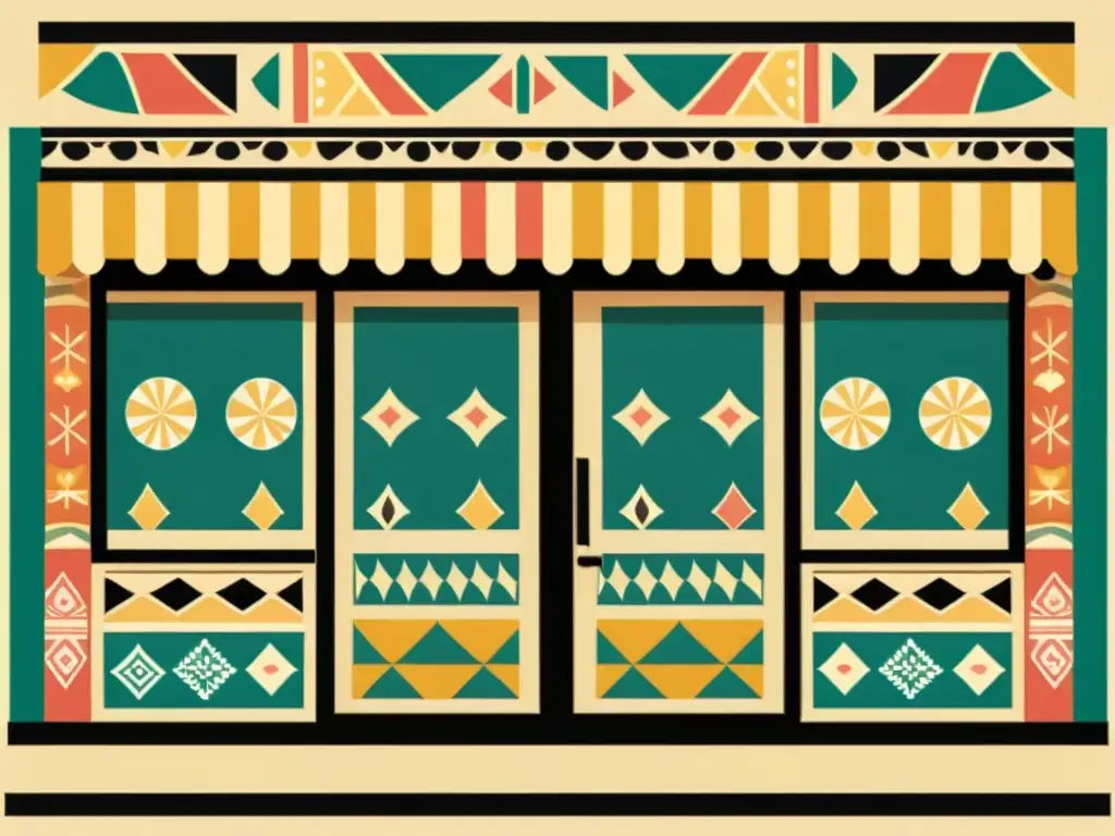 Una ilustración vintage de una tienda con patrones simétricos en el merchandising cultural, textiles vibrantes y detalles ornamentados