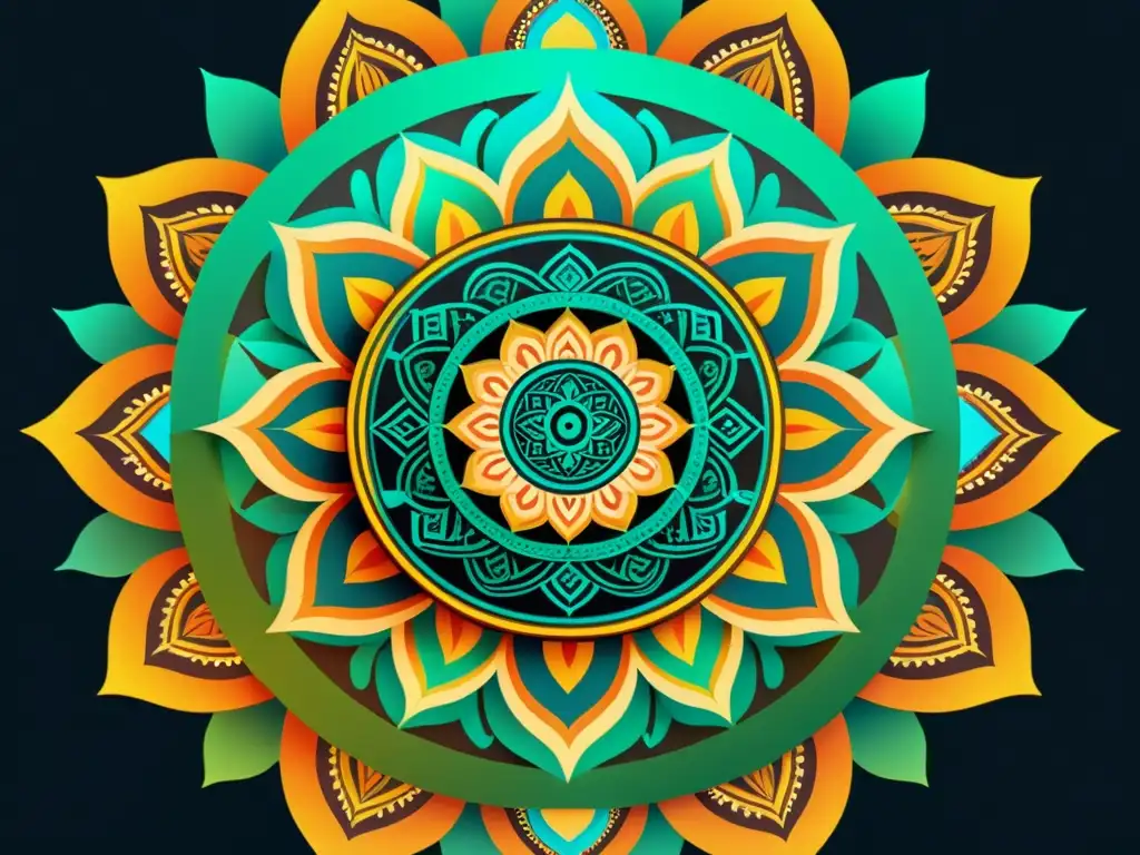 Una ilustración vintage de un mandala tradicional con elementos de realidad aumentada, fusionando lo antiguo con lo moderno