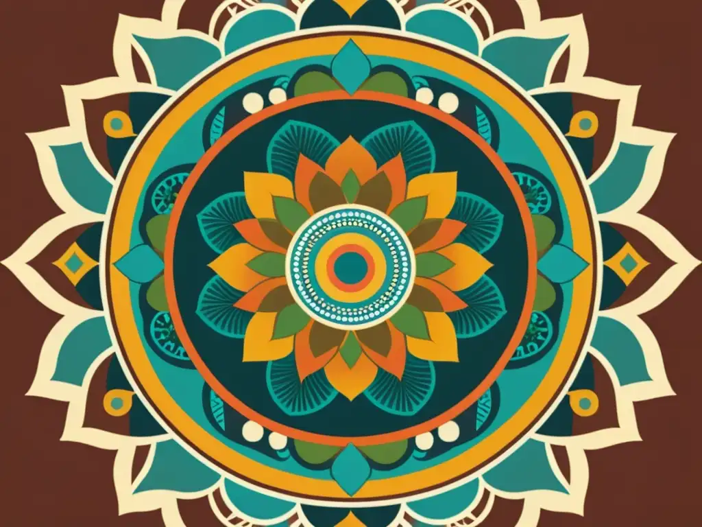 Una ilustración vintage de un mandala tradicional con patrones geométricos, detalles florales y motivos simbólicos en tonos cálidos