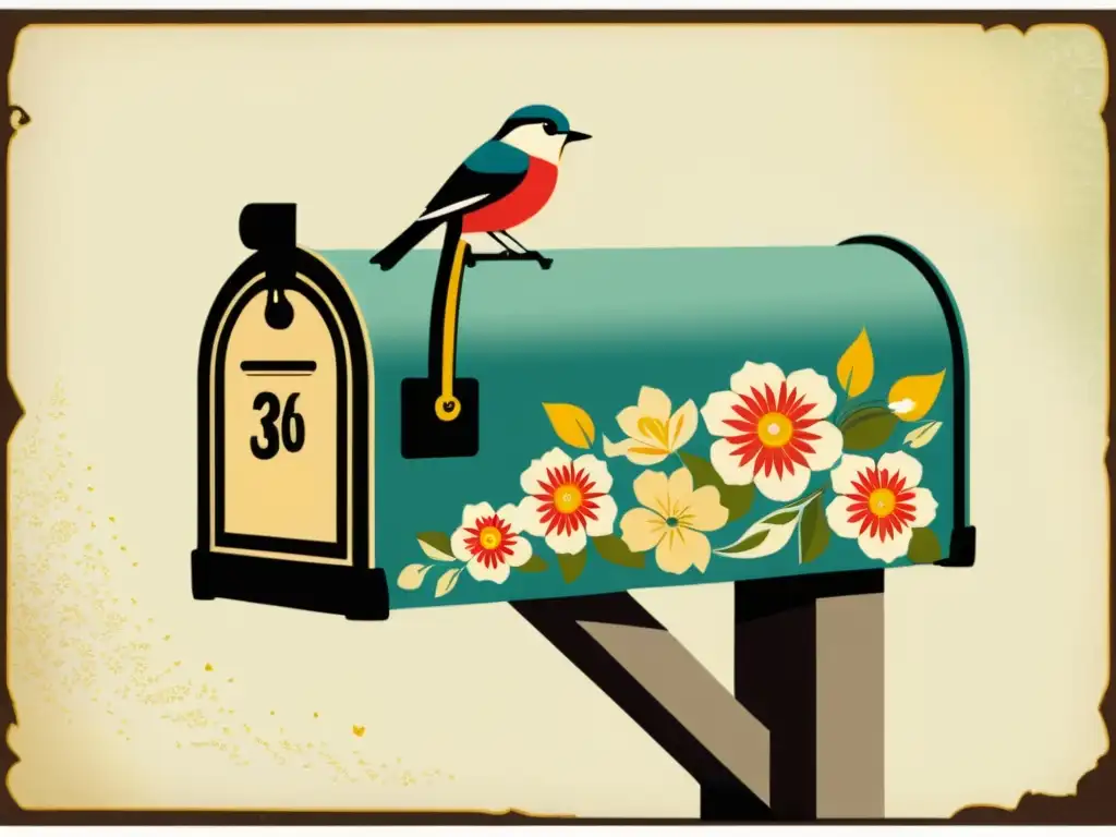 Una ilustración vintage de un buzón tradicional rodeado de flores y patrones artísticos, evocando nostalgia y encanto
