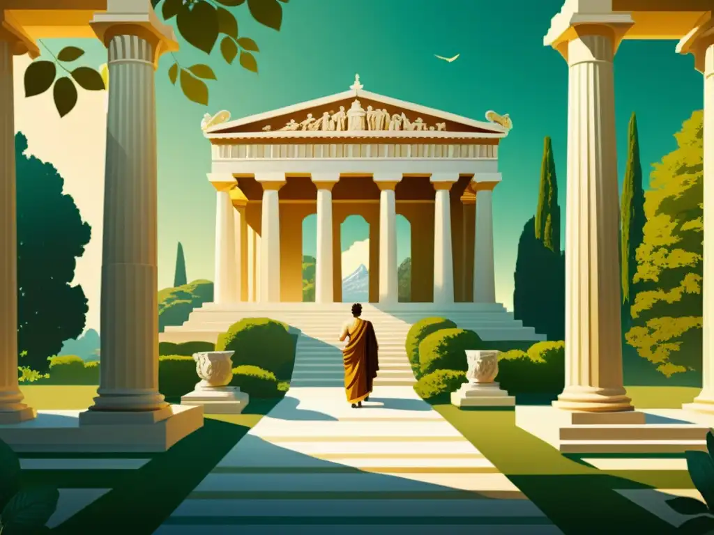 Una ilustración vintage de un majestuoso templo griego entre exuberante vegetación, bañado en cálida luz solar