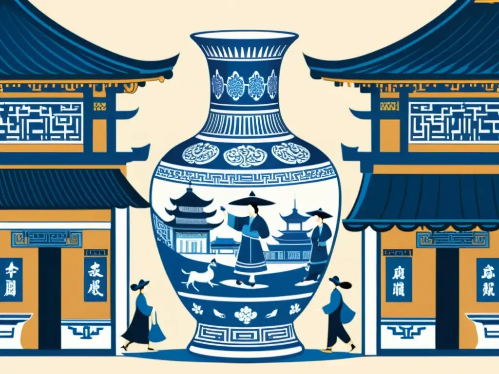 Una ilustración vintage de un jarrón de porcelana china azul, resalta en un bullicioso mercado antiguo