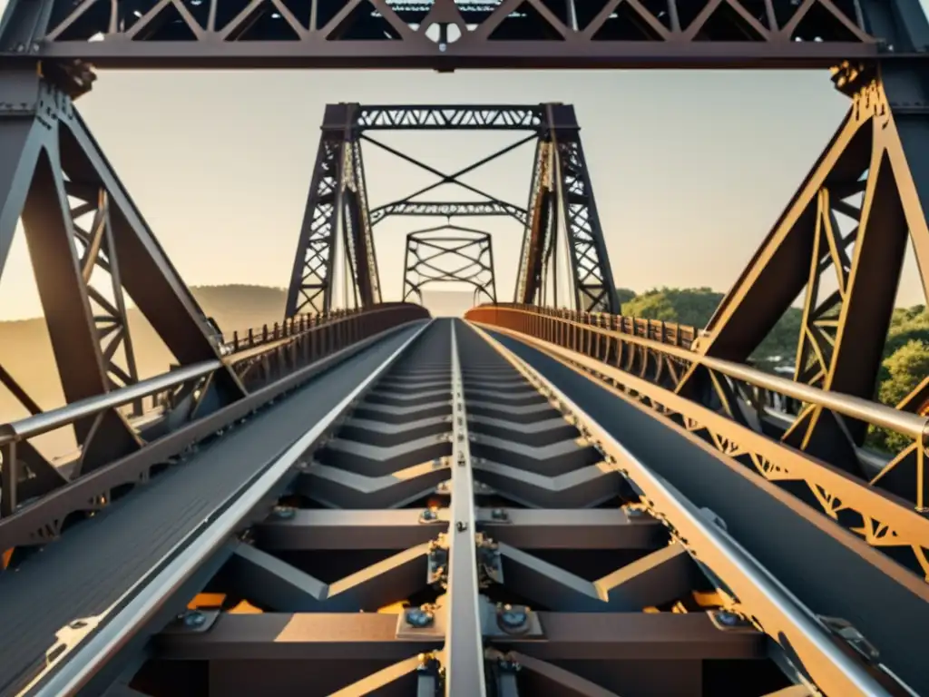 Una ilustración vintage en 8k de un puente de truss de acero, resaltando sus patrones estructurales en ingeniería moderna