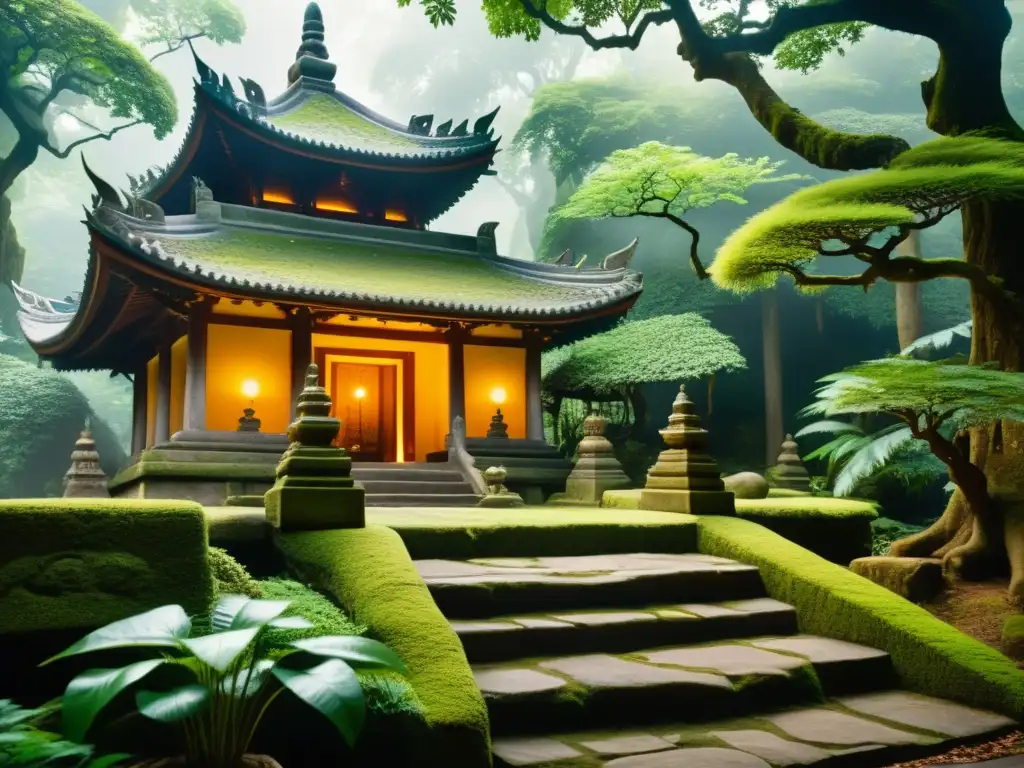 Una ilustración vintage de un templo asiático cubierto de musgo, con figuras de deidades y demonios en cerámica