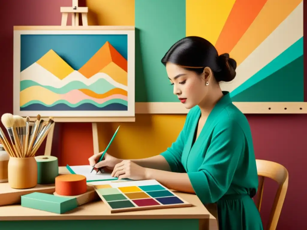 Un ilustrador experto usando programación para crear patrones artísticos, rodeado de suministros de arte en un ambiente cálido y creativo