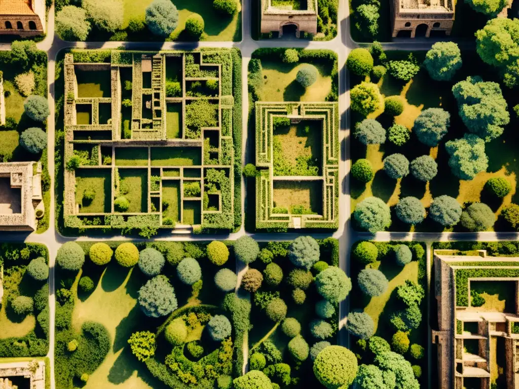 Imagen aérea vintage de ruinas de una antigua ciudad, con patrones urbanos y vegetación