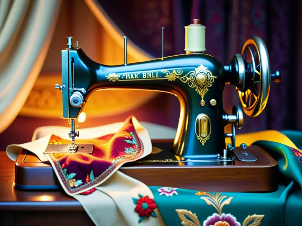 Una imagen en alta resolución de una máquina de coser vintage, rodeada de tela colorida y accesorios, iluminada por una cálida luz antigua