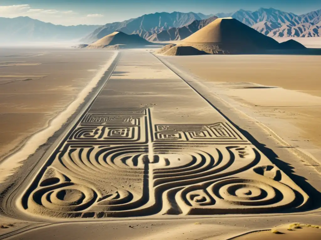 Geoglifos de las Líneas de Nazca en Perú Imagen en alta resolución de las misteriosas formaciones geográficas de las Líneas de Nazca en Perú, con detalles nítidos y una estética vintage que evoca intriga y misterio