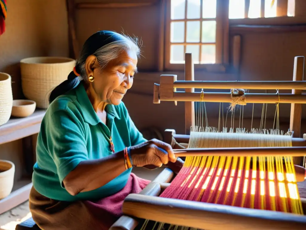 La imagen muestra a una anciana indígena tejiendo un patrón colorido y complejo en un telar, rodeada de hilos brillantes y artefactos culturales