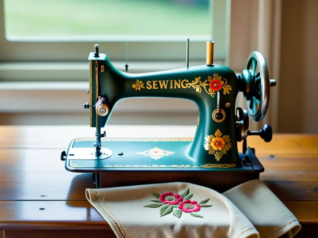 Una imagen de una antigua máquina de coser con patrones florales grabados, sobre una mesa de madera