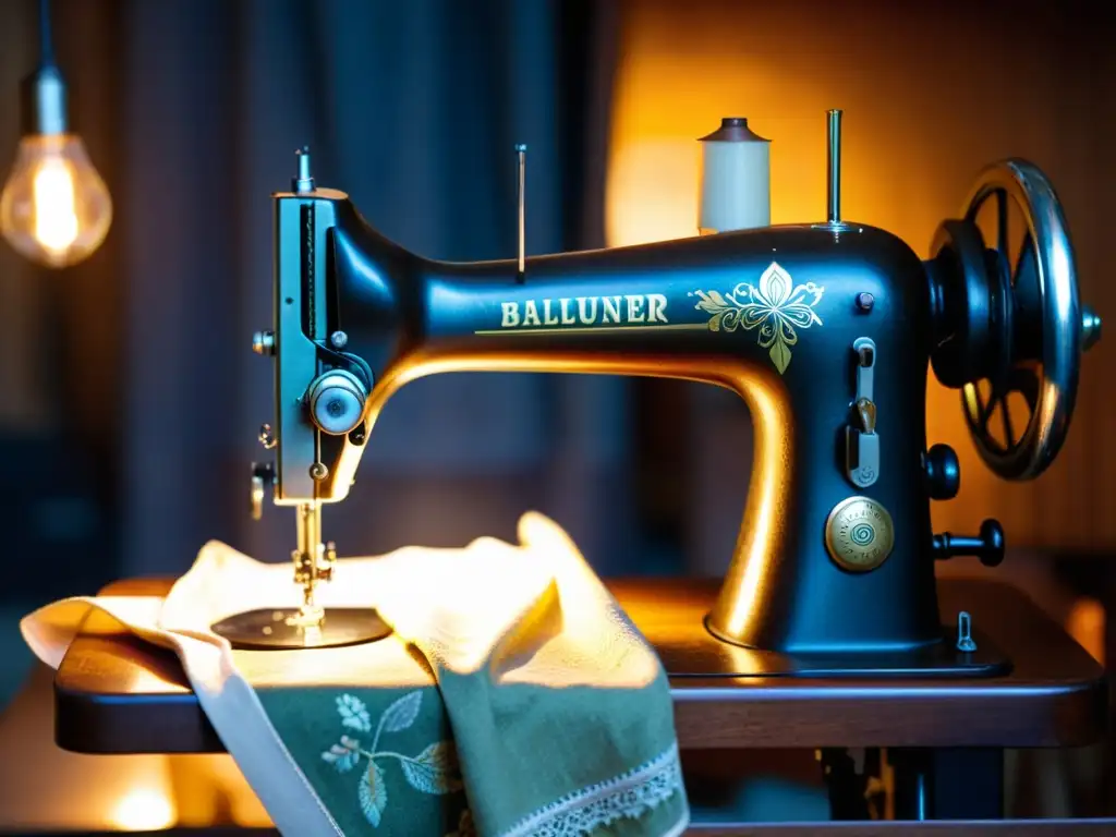 Una imagen de una antigua máquina de coser en un taller tenue, con detalles intrincados y telas visibles