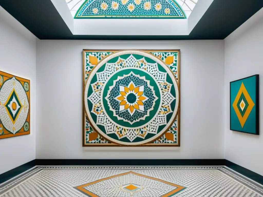 Imagen 8k de galería de arte contemporáneo con mosaico árabe, influencia en el arte moderno, colores vibrantes y patrones geométricos