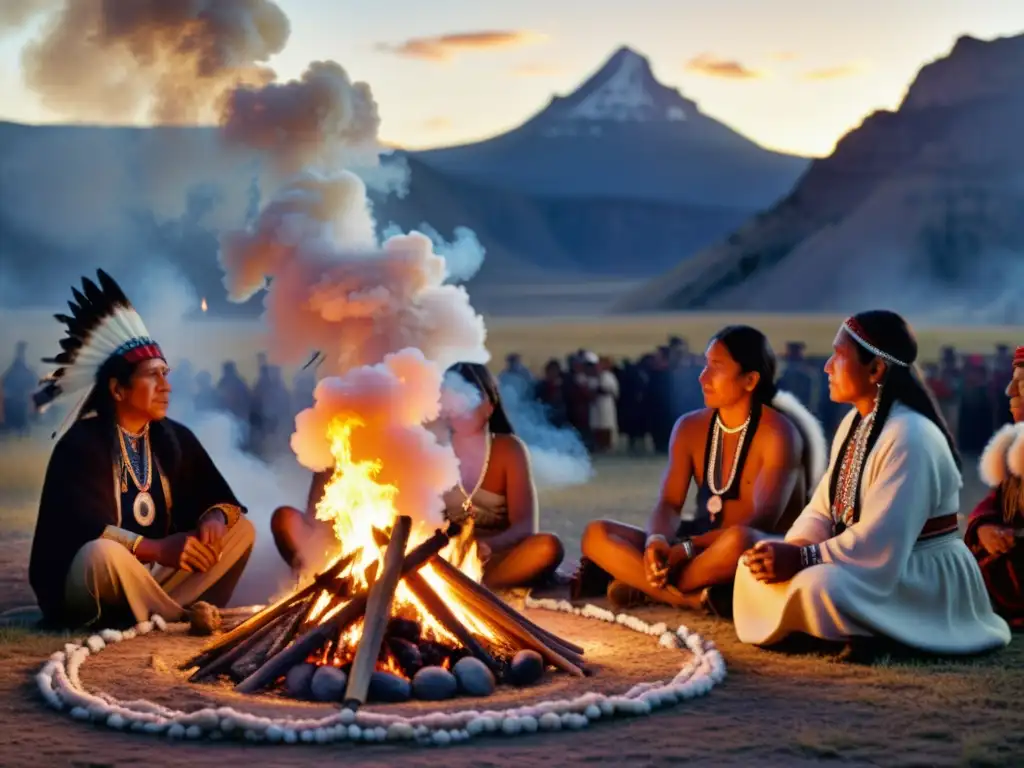 Una imagen de arte y tradición en festivales de medicina: El ritual de sanación de los Lakota alrededor de una fogata, con montañas al fondo