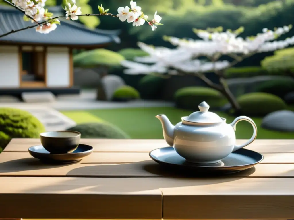 Una imagen en blanco y negro muestra un apacible jardín japonés con un set de té de cerámica sobre una mesa de madera