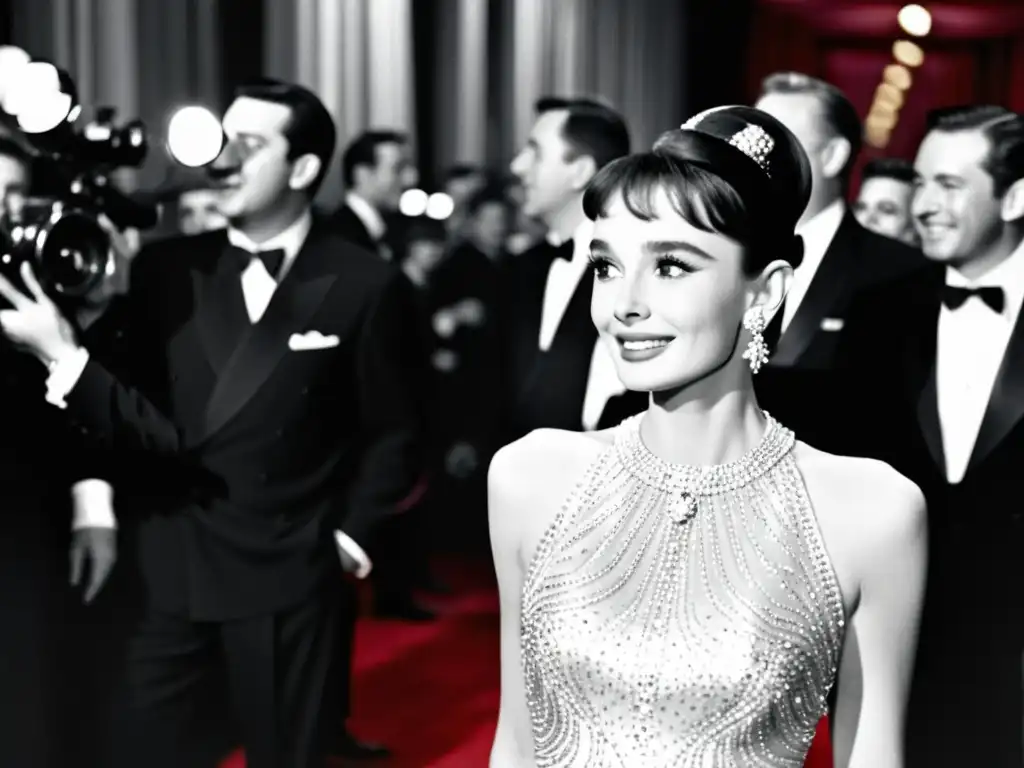 Imagen en blanco y negro de Audrey Hepburn en un exquisito vestido de alta costura en la alfombra roja, rodeada de lujo y glamour